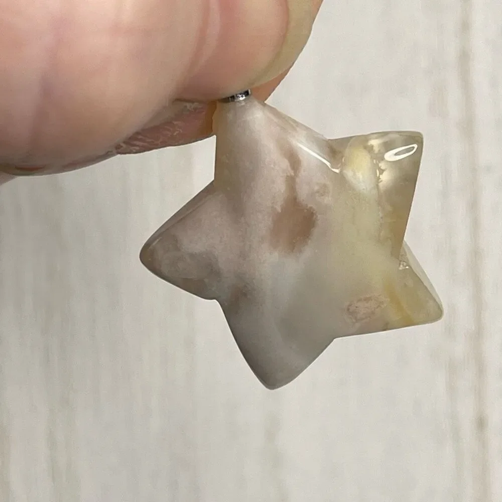 Flower agate pink yellow green star carving pendant stainless steel chain neckla